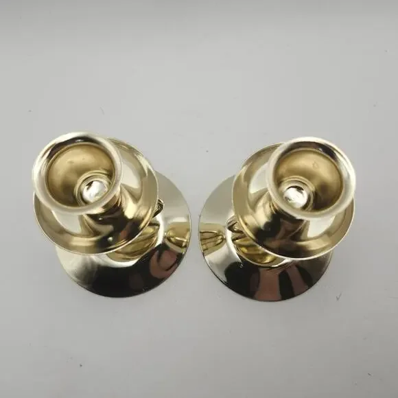 Gold Tone Metal Ring Taper Candle Holders Pair Modern Minimalist Round Base - Picture 7 of 8